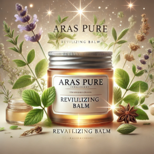 A jar of ARAS Pure revitalizing balm surrounded by glowing light and herbs, symbolizing its recovery and healing properties.